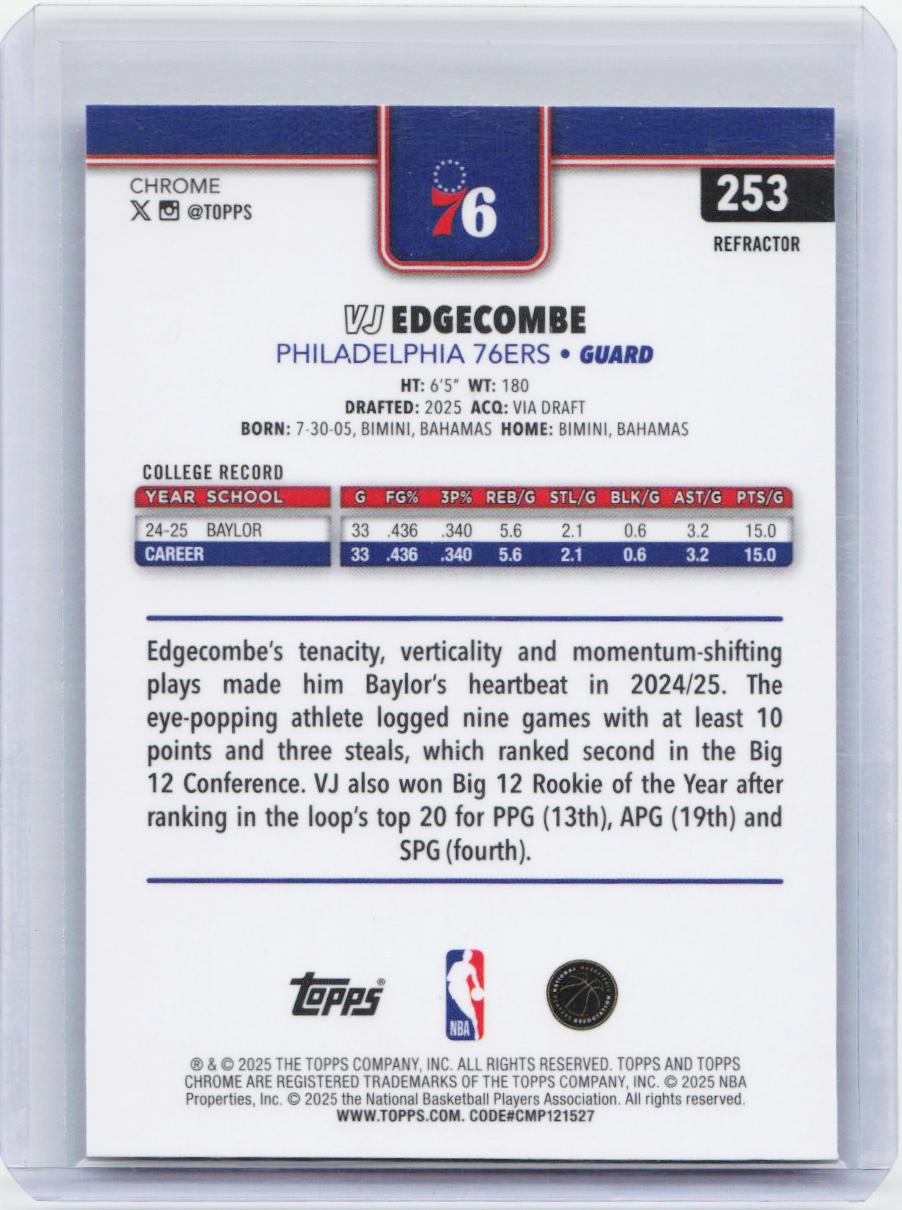 2025-26 Topps Chrome #253 VJ Edgecombe Refractor