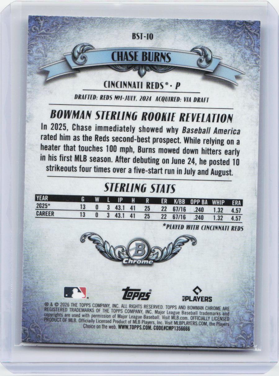 2026 Bowman #BST-10 Chase Burns Bowman Sterling Mojo Refractors