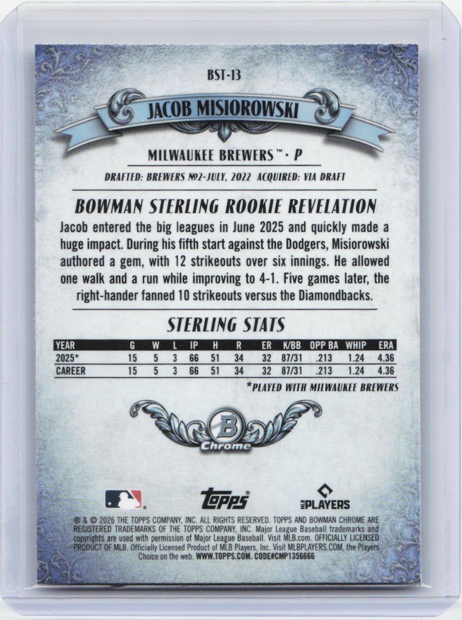 2026 Bowman #BST-13 Jacob Misiorowski Bowman Sterling Mojo Refractors