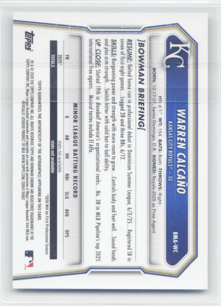 2026 Bowman #BMA-WC Warren Calcaño Chrome Autographs Mojo Refractors