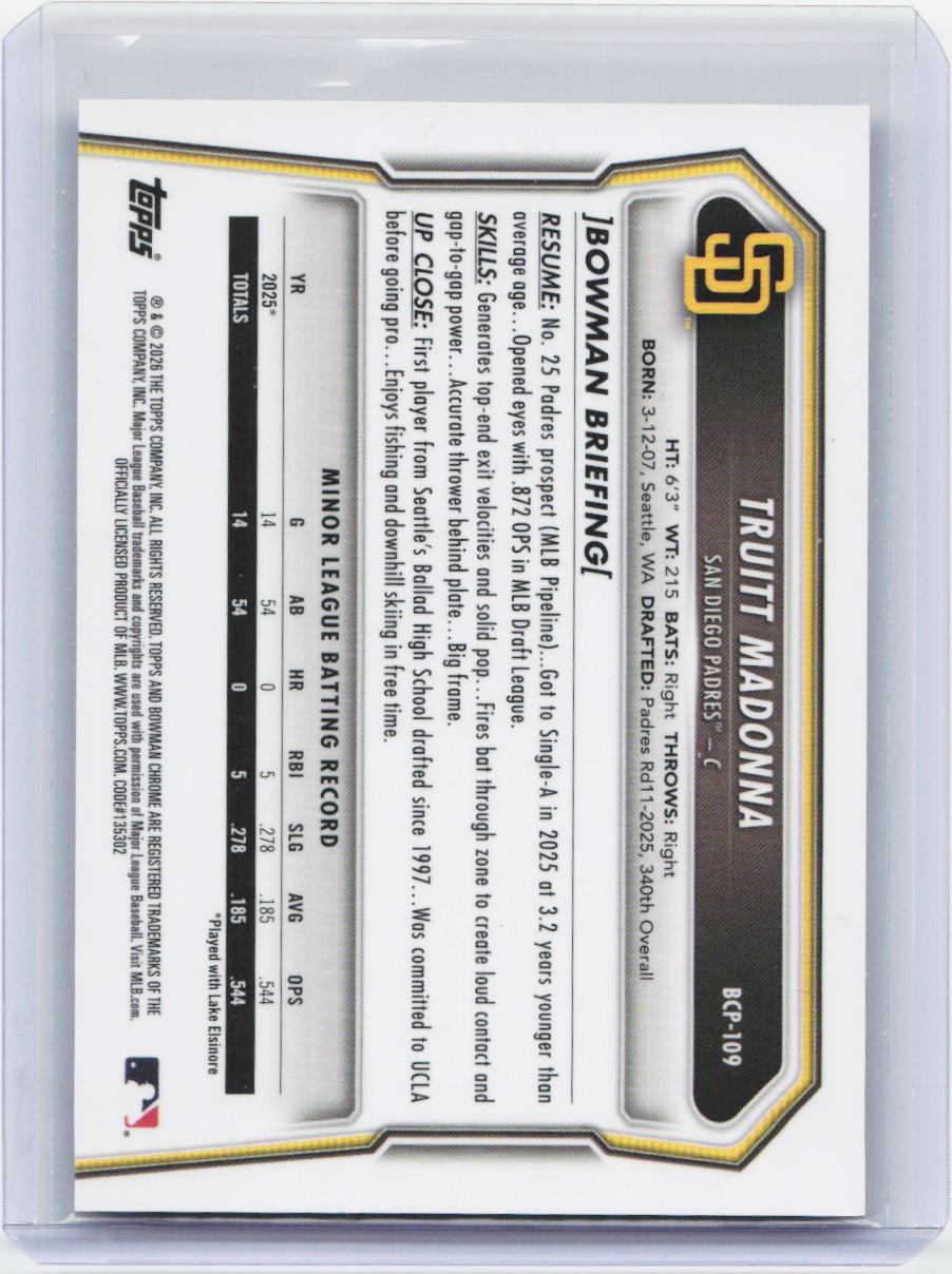 2026 Bowman #BCP-109 Truitt Madonna Chrome Prospects Reptilian Refractor