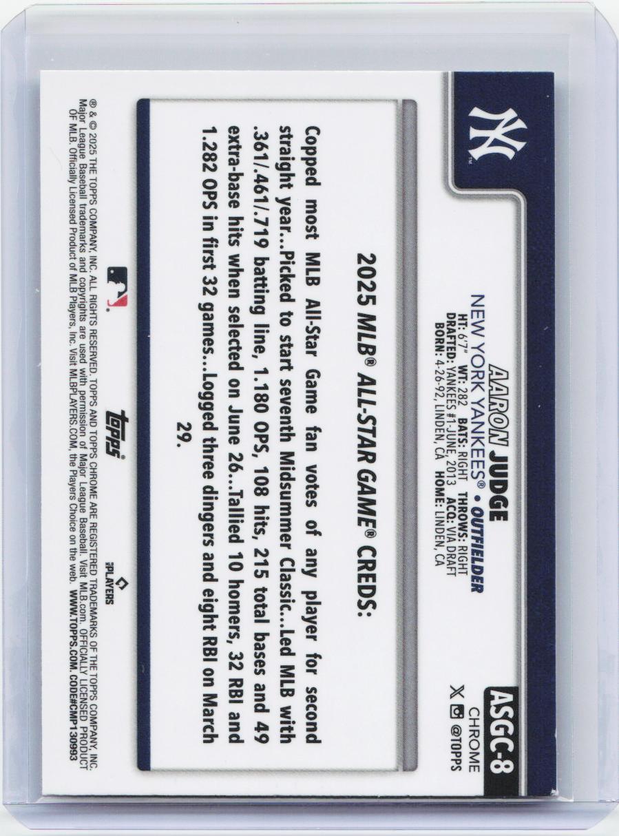 2025 Topps Chrome Update #ASGC-8 Aaron Judge 2025 All-Star Game