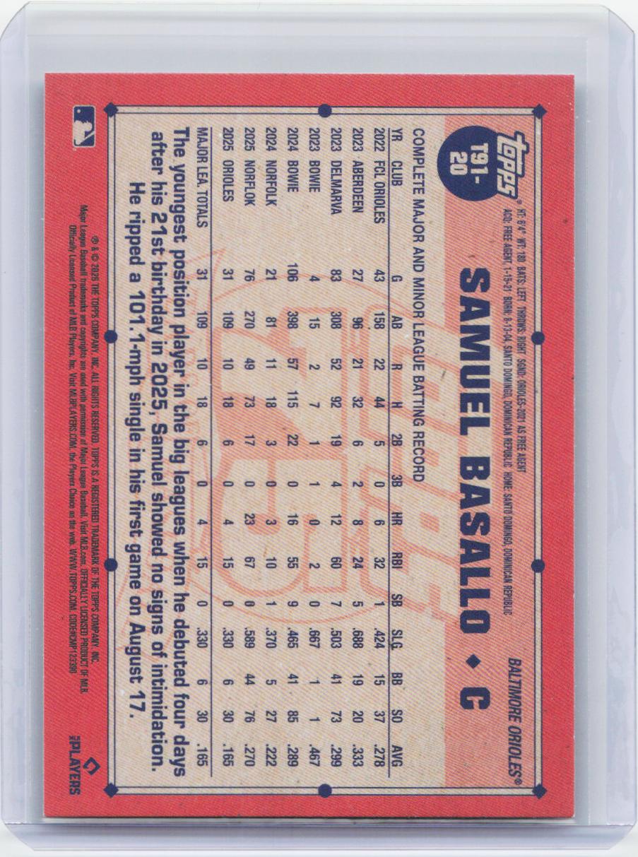 2026 Topps #T91-20 Samuel Basallo Topps Baseball Anniversary Crackle Foil