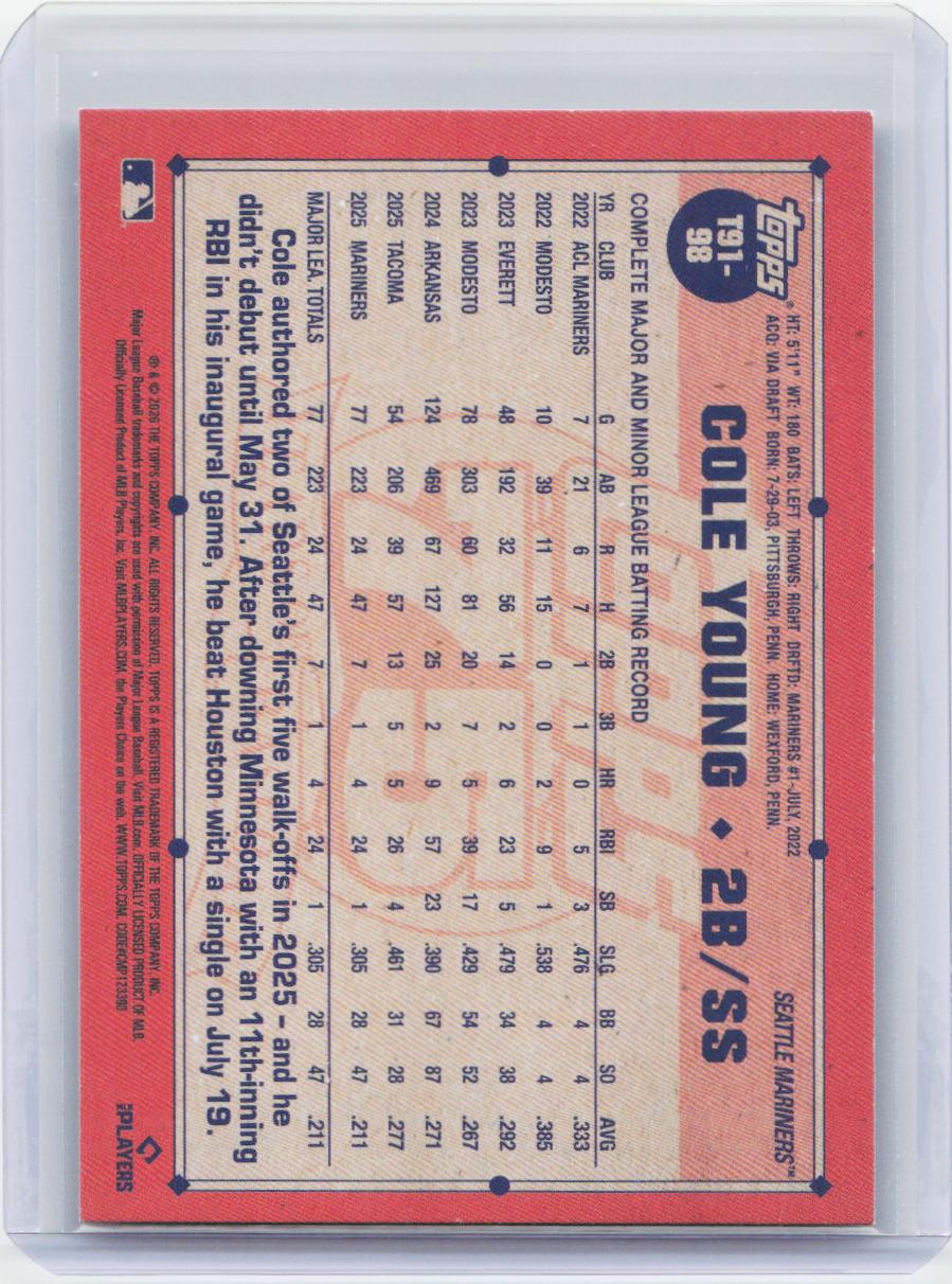2026 Topps #T91-98 Cole Young 1991 Topps Baseball 35th Crackle Foil