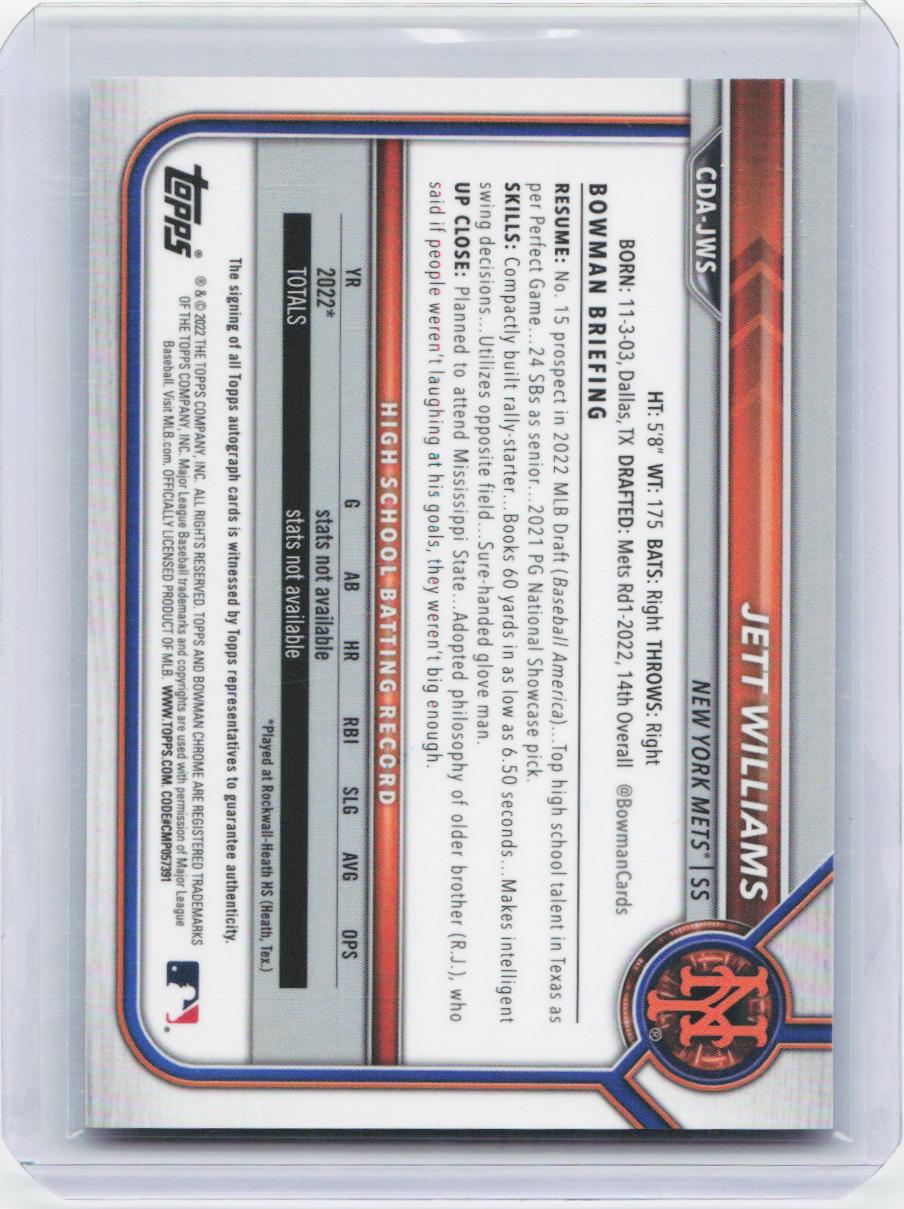 2022 Bowman Draft #CDA-JWS Jett Williams Draft Autographs Black & White RayWave