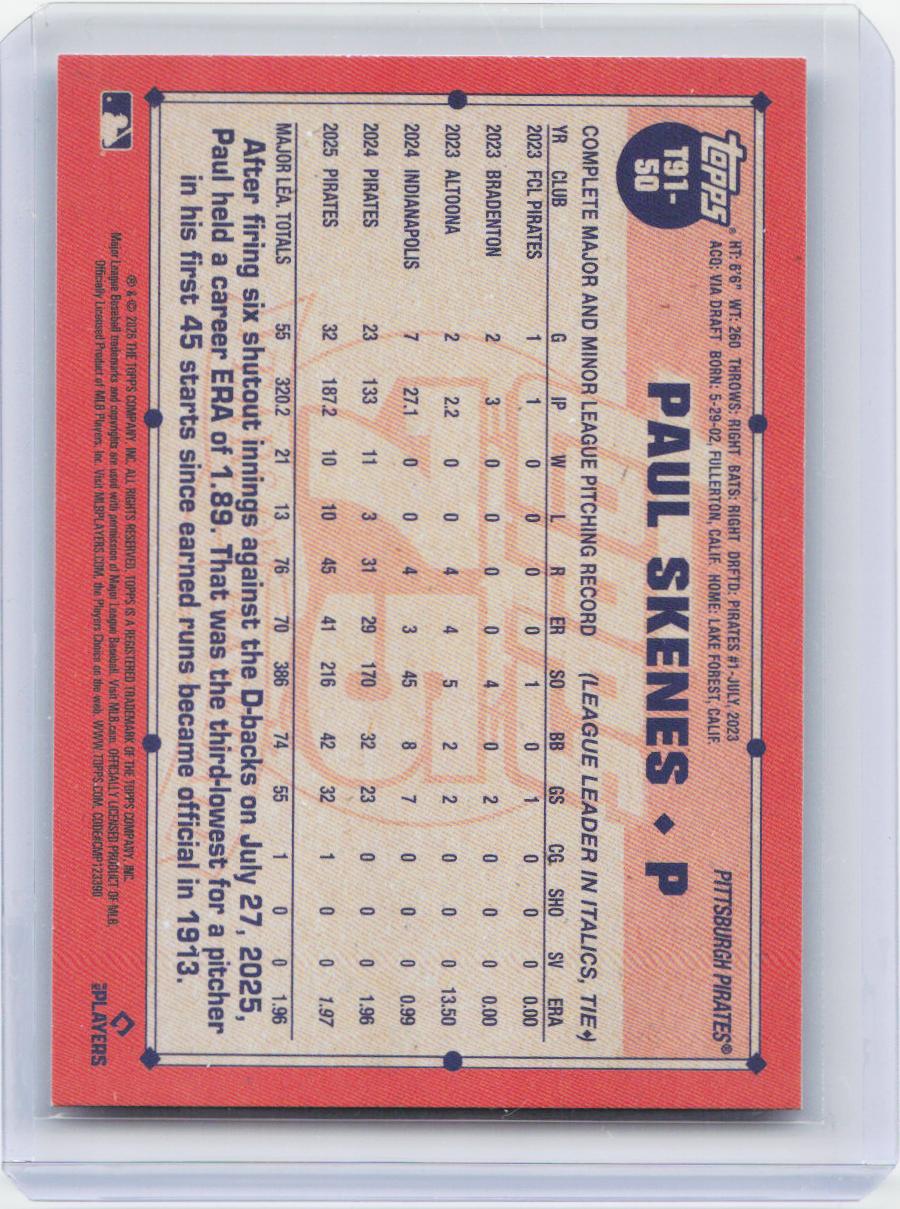 2026 Topps #T91-50 Paul Skenes 1991 Topps Baseball 35th Anniversary (Series One)