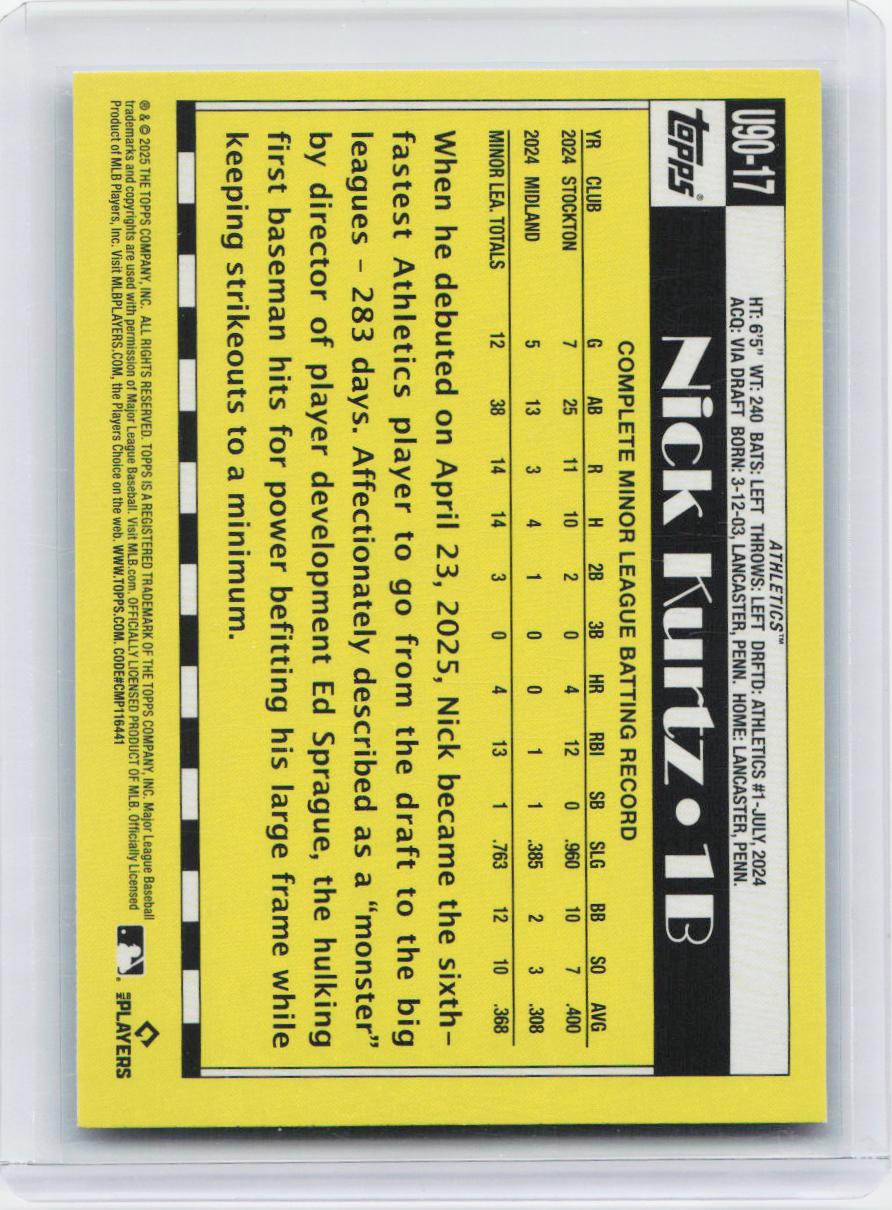 2025 Topps Update #U90-17 Nick Kurtz 1990 Topps Baseball 35th Anniversary