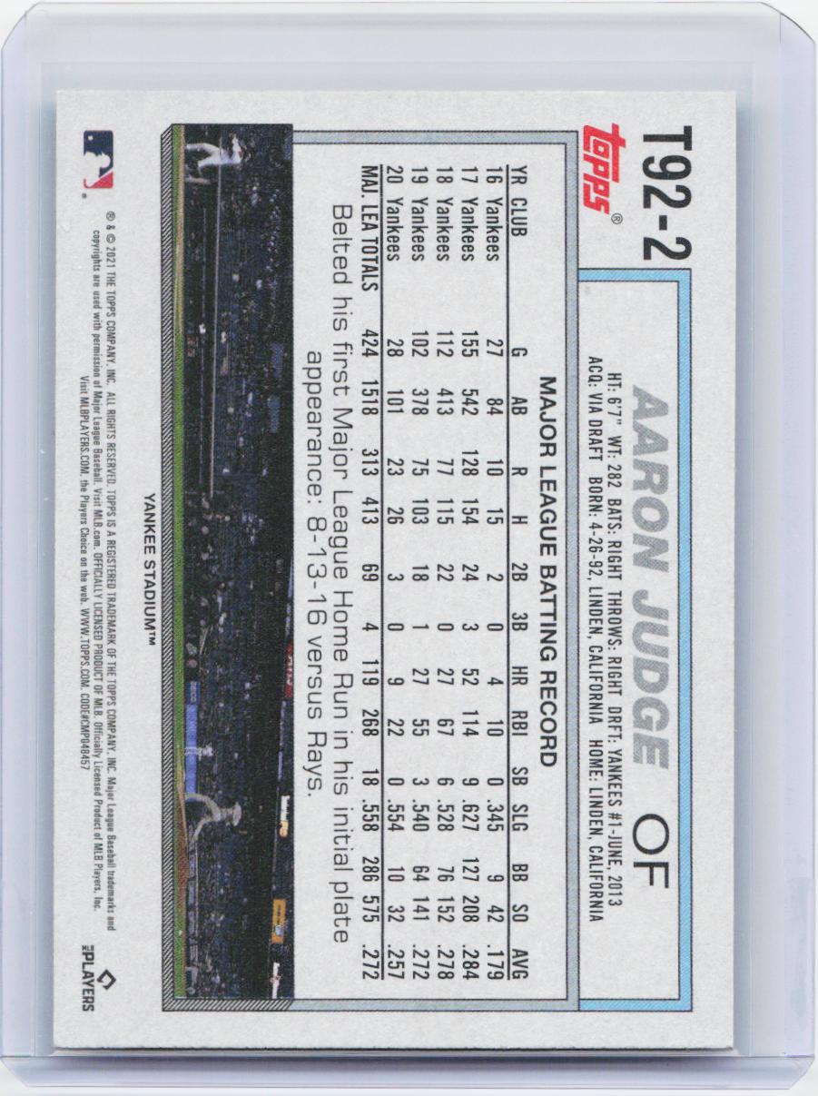 2021 Topps Update #T92-2 Aaron Judge 1992 Topps Redux