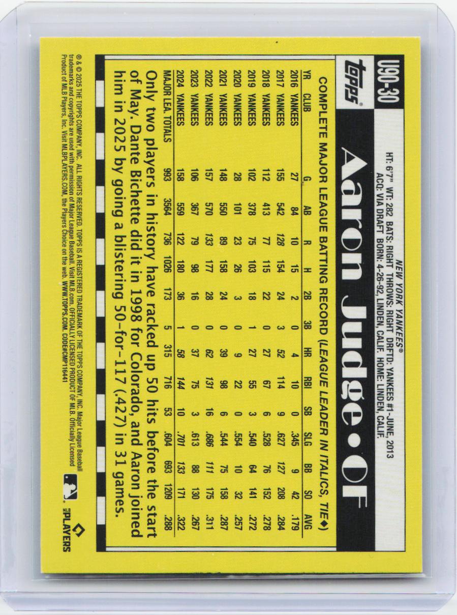 2025 Topps Update #U90-30 Aaron Judge 1990 Topps Baseball 35th Anniversary