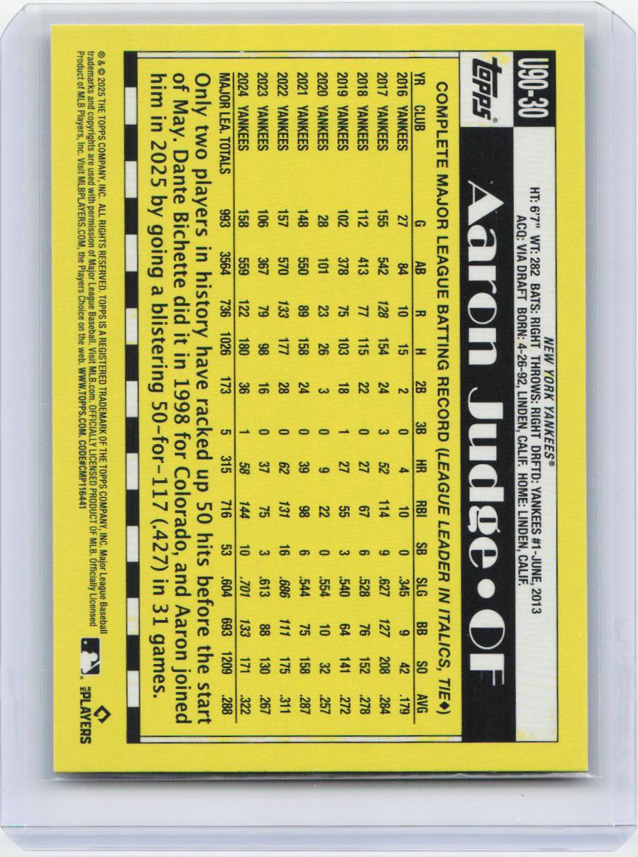 2025 Topps Update #U90-30 Aaron Judge 1990 Topps Baseball 35th Anniversary