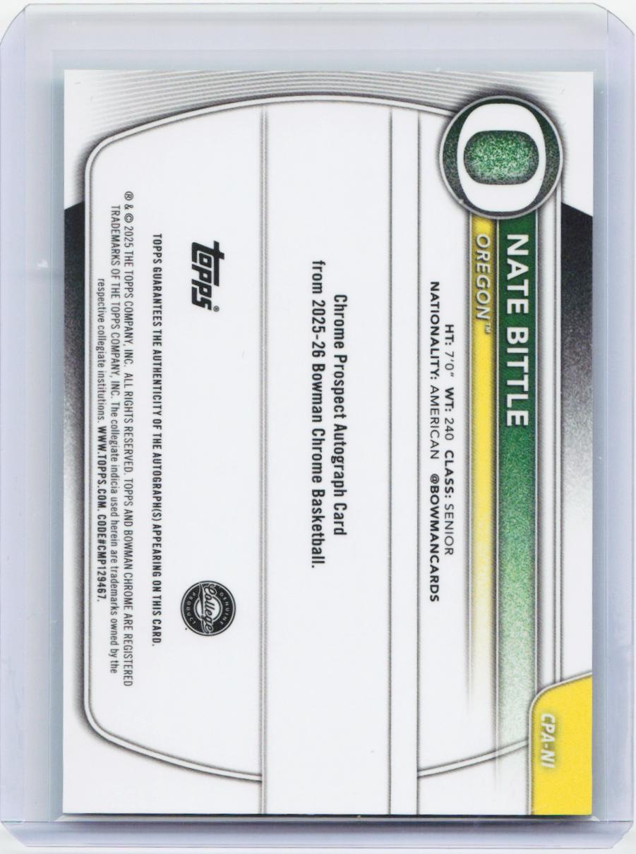 2025-26 Bowman #CPA-NI Nate Bittle Chrome Prospect Autographs Green #/99
