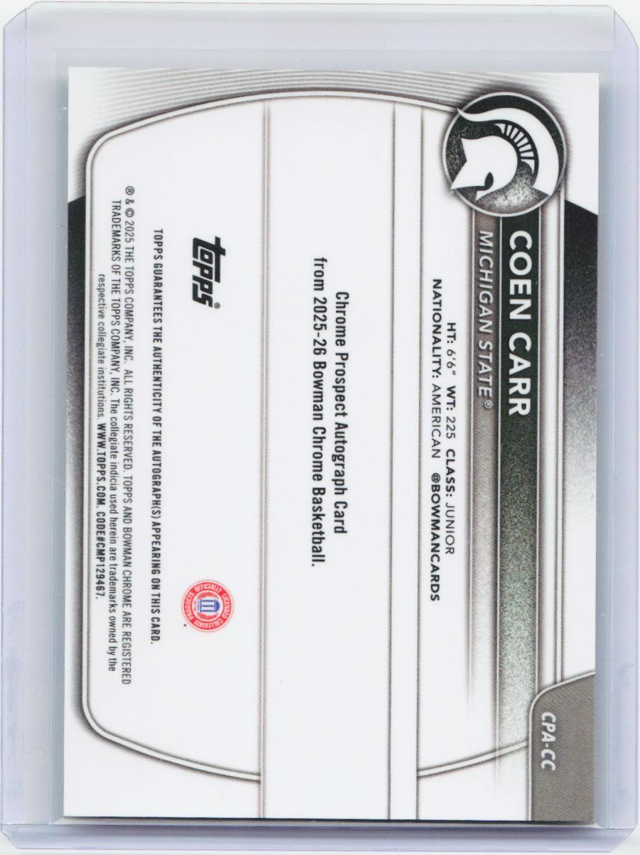 2025-26 Bowman #CPA-CC Coen Carr Chrome Prospect Autographs Yellow #/75