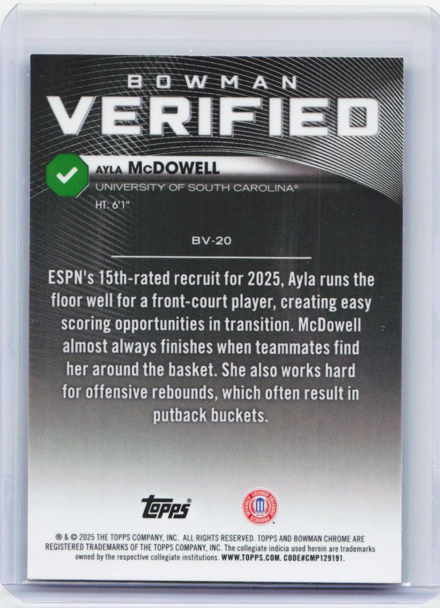 2025-26 Bowman #BV-20 Ayla McDowell Bowman Verified