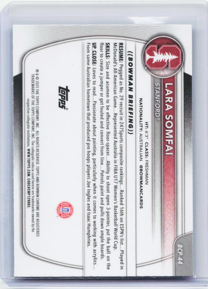 2025-26 Bowman #BCP-44 Lara Somfai Chrome Prospects Blue Mojo Refractor #/150