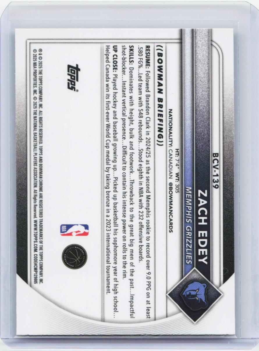 2025-26 Bowman #BCV-139 Zach Edey Chrome Navy Mojo Refractors #/175