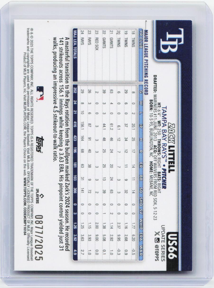 2025 Topps Update #US66 Zack Littell Gold #/2025