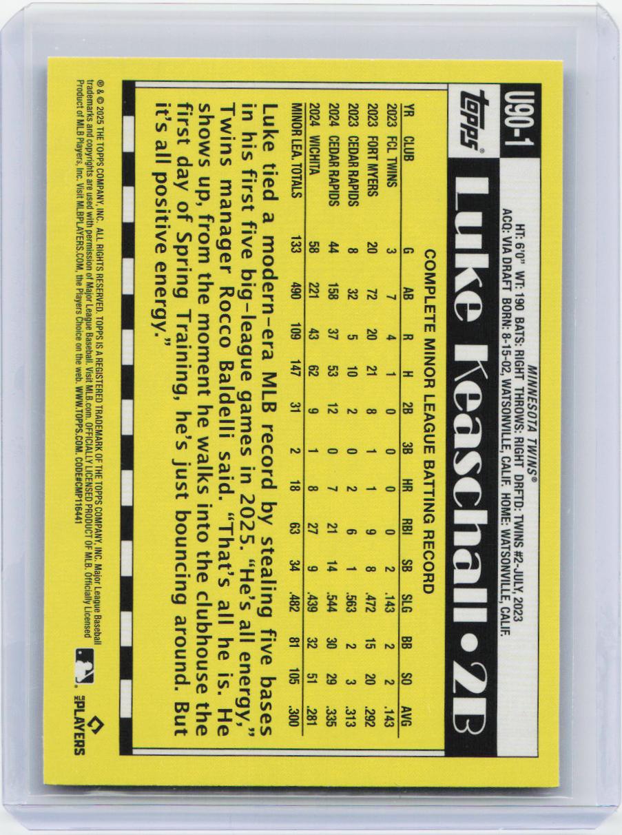 2025 Topps Update #U90-1 Luke Keaschall 1990 Topps Baseball 35th Anniversary