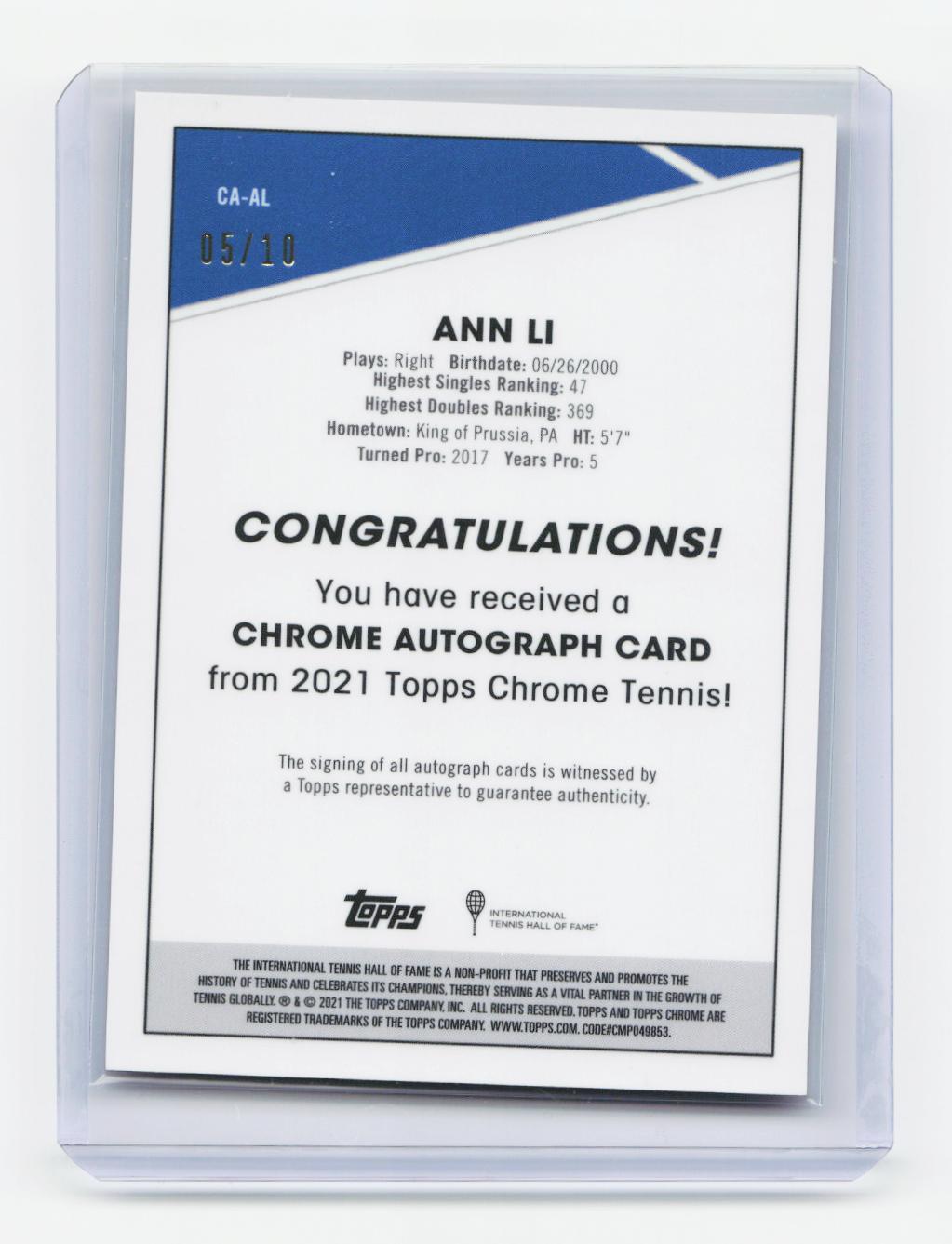 2021 Topps Chrome #CA-AL Ann Li Chrome Autographs