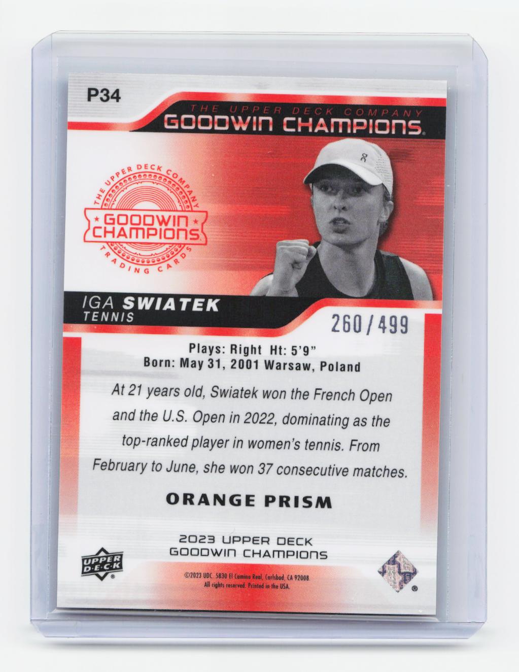 2023 Upper Deck Goodwin Champions #P34 Iga Swiatek Platinum Orange Prism #/499
