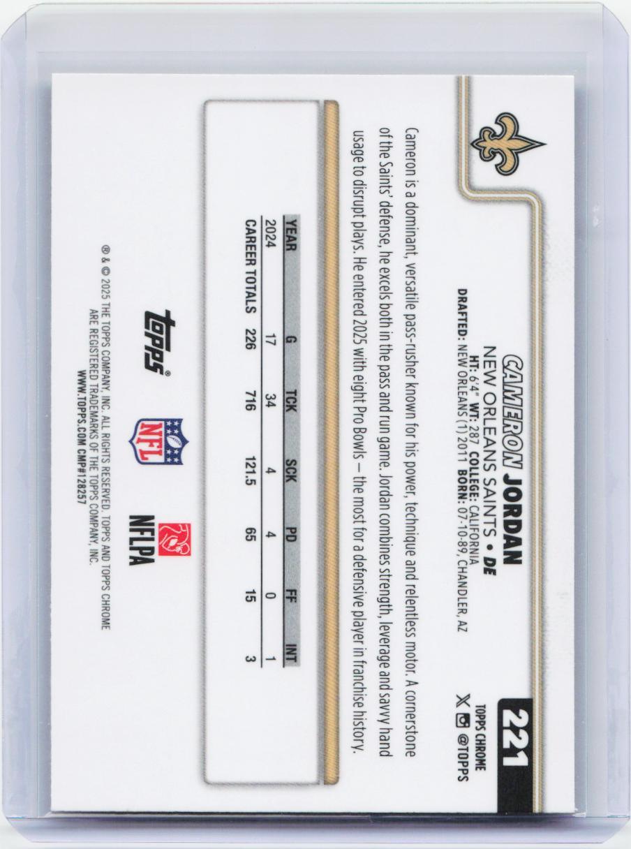 2025 Topps Chrome #221 Cameron Jordan Football Leather Refractor