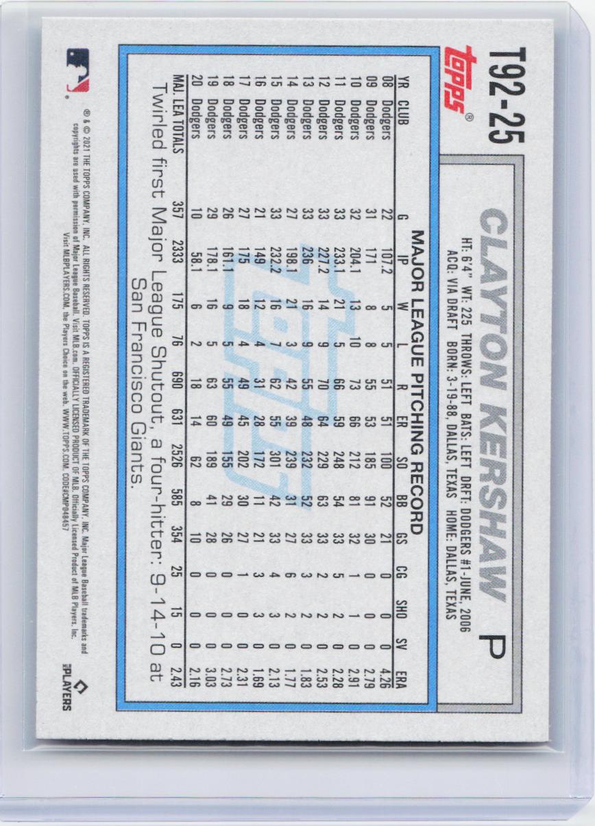 2021 Topps Update #T92-25 Clayton Kershaw 1992 Topps Redux