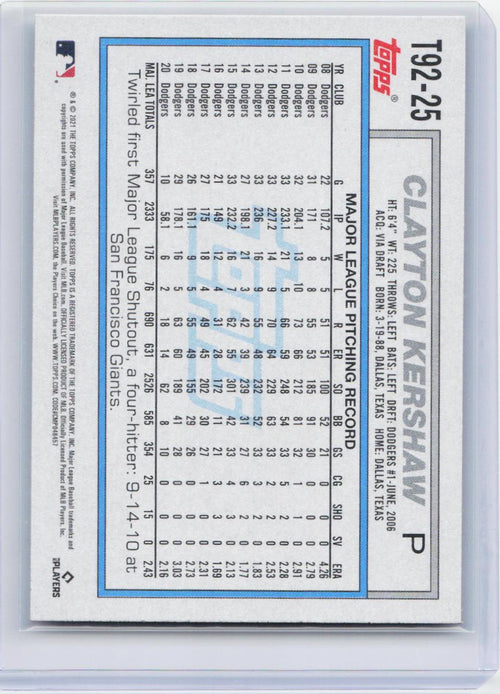 2021 Topps Update #T92-25 Clayton Kershaw 1992 Topps Redux