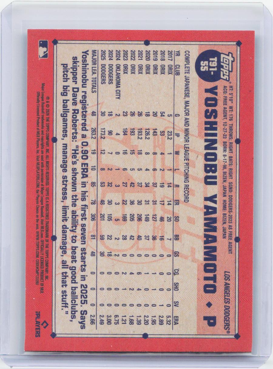 2026 Topps #T91-55 Yoshinobu Yamamoto 1991 Topps Baseball 35th Anniversary