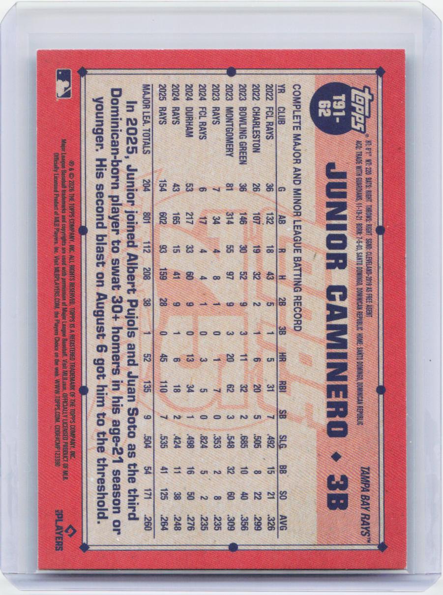 2026 Topps #T91-62 Junior Caminero 1991 Topps Baseball 35th Anniversary