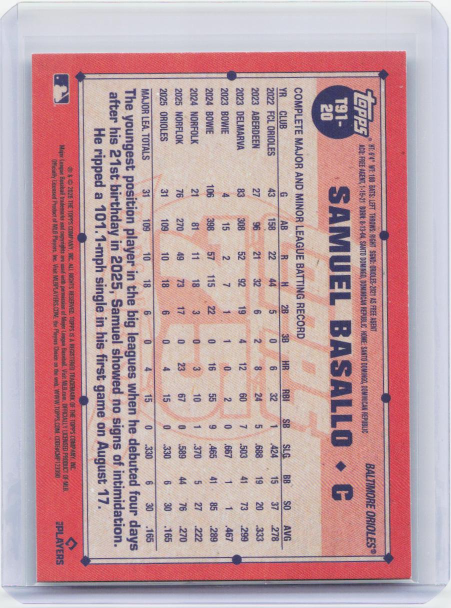 2026 Topps #T91-20 Samuel Basallo 1991 Topps Baseball 35th Anniversary