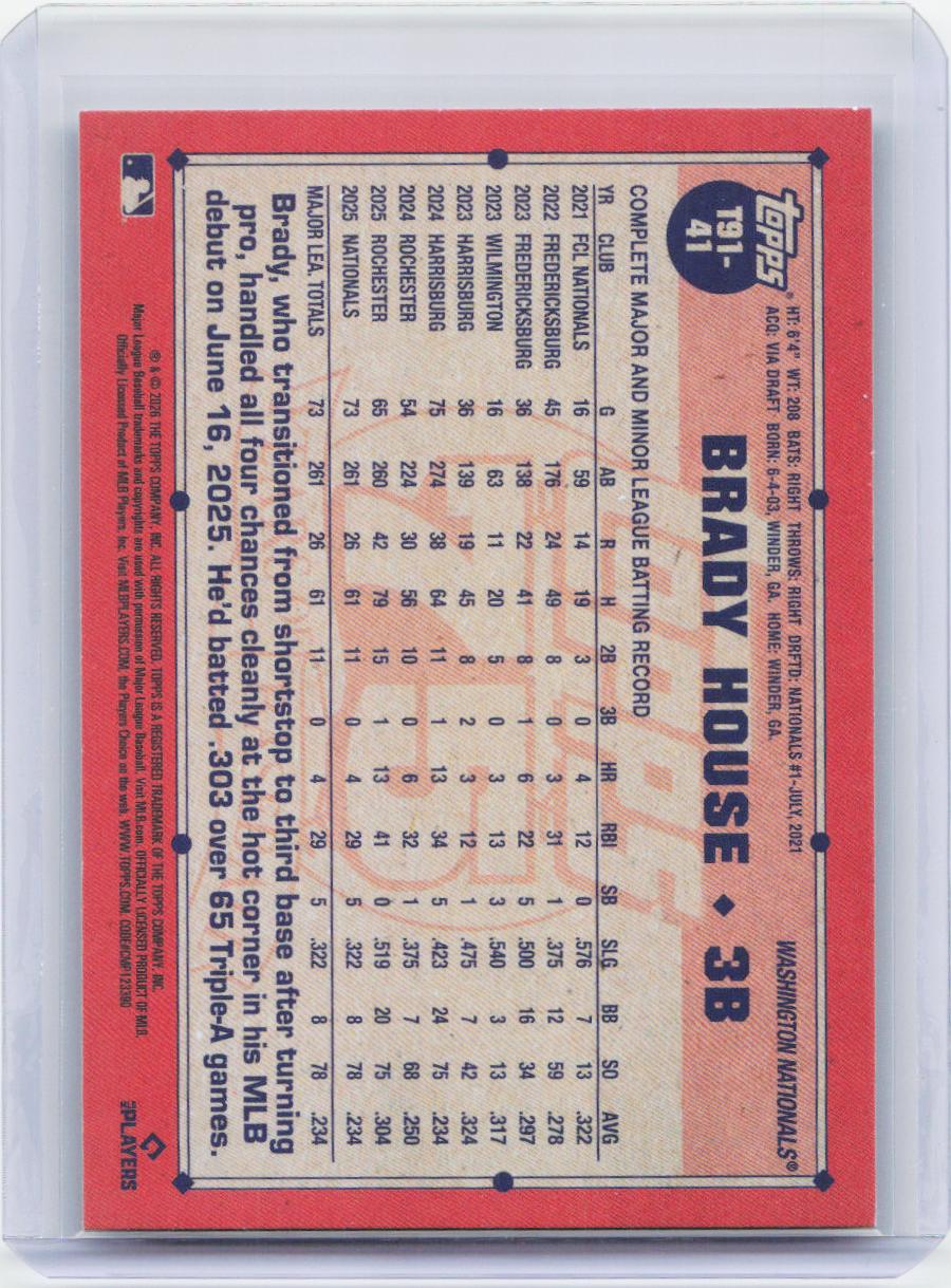 2026 Topps #T91-41 Brady House 1991 Topps Baseball 35th Anniversary (Series One)