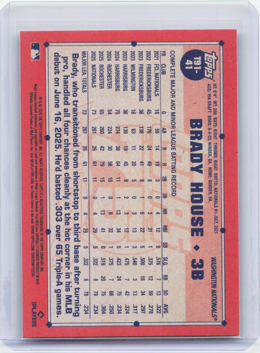 2026 Topps #T91-41 Brady House 1991 Topps Baseball 35th Anniversary (Series One)