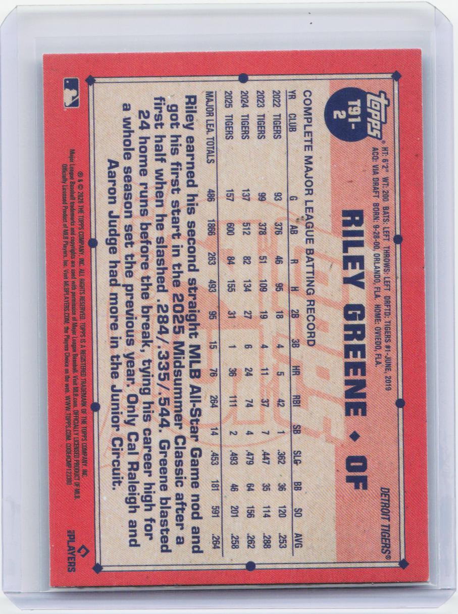 2026 Topps #T91-2 Riley Greene 1991 Topps Baseball 35th Anniversary Crackle Foil