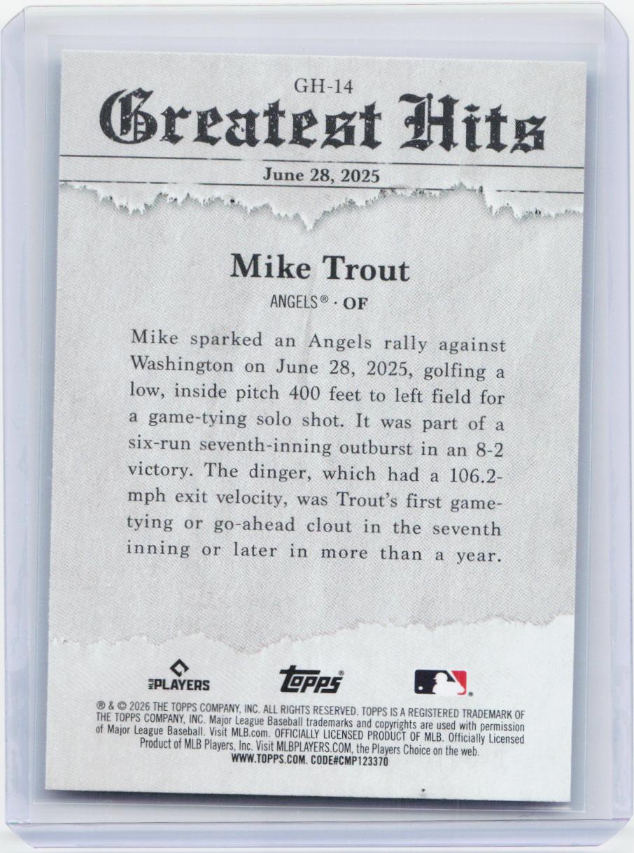 2026 Topps #GH-14 Mike Trout 2025 Greatest Hits
