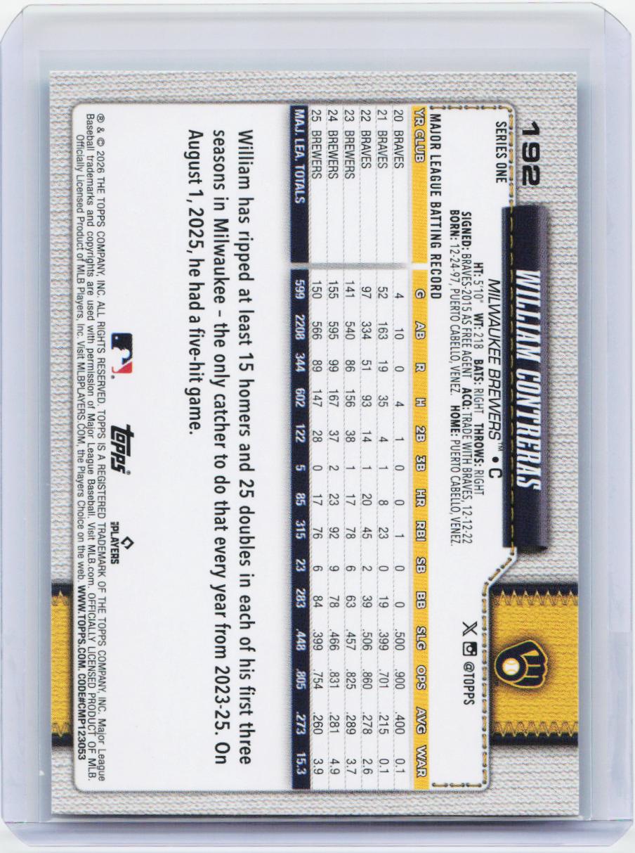 2026 Topps #192 William Contreras Aqua Rainbow Foil