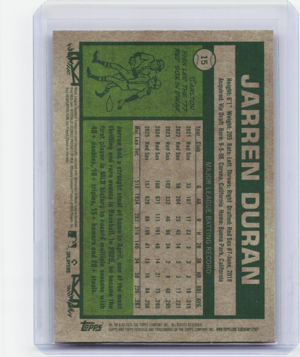 2026 Topps Heritage #15 Jarren Duran Chrome Pink Sparkle Refractors