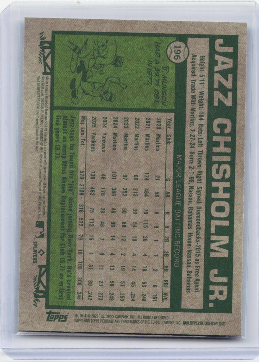 2026 Topps Heritage #196 Jazz Chisholm Jr. Chrome Silver Sparkle Refractors
