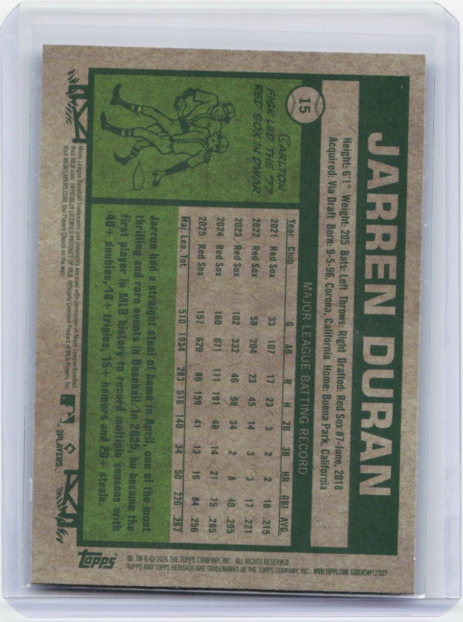 2026 Topps Heritage #15 Jarren Duran Chrome Silver Sparkle Refractors
