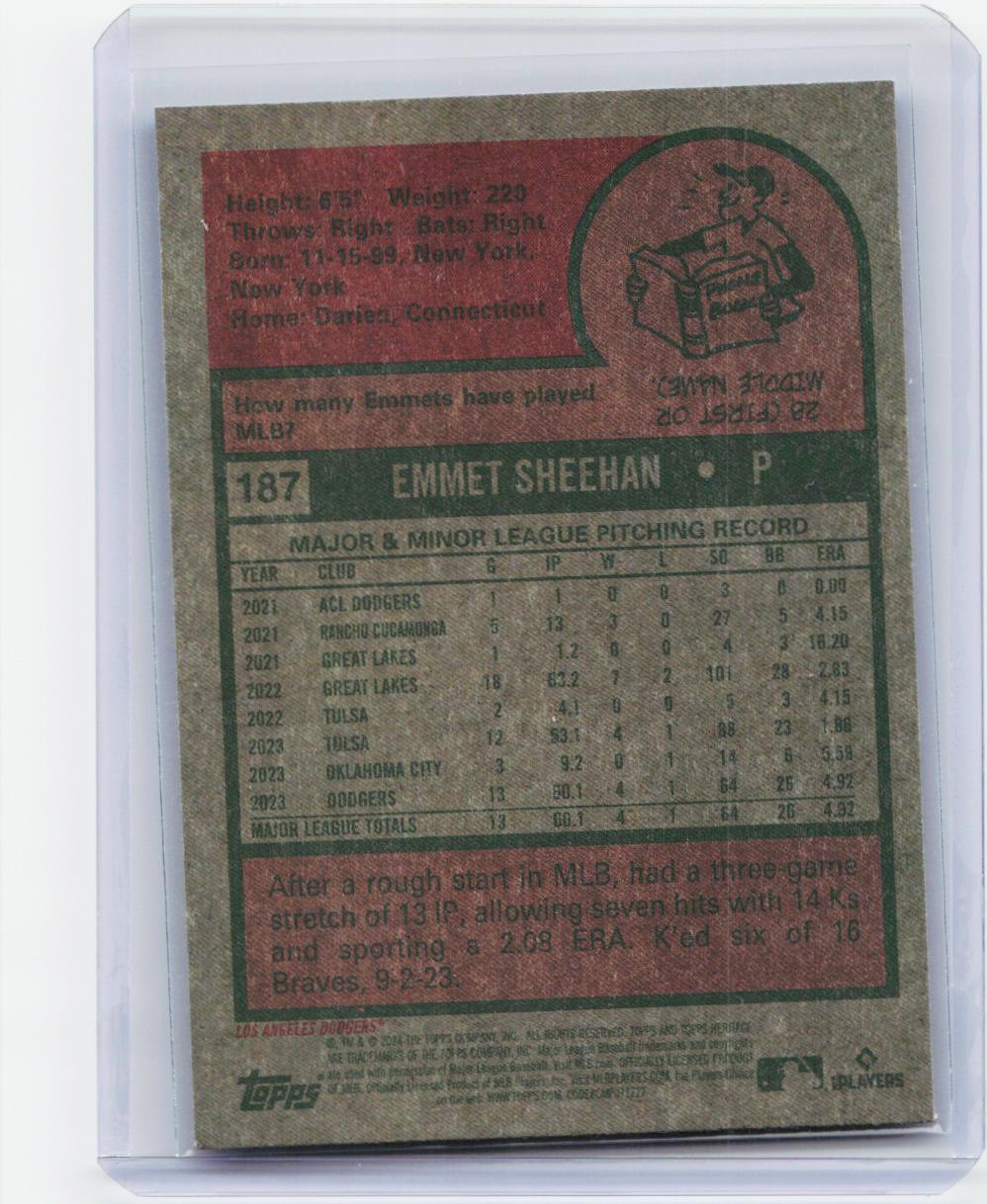 2024 Topps Heritage #187 Emmet Sheehan Chrome Blue Sparkle Refractor