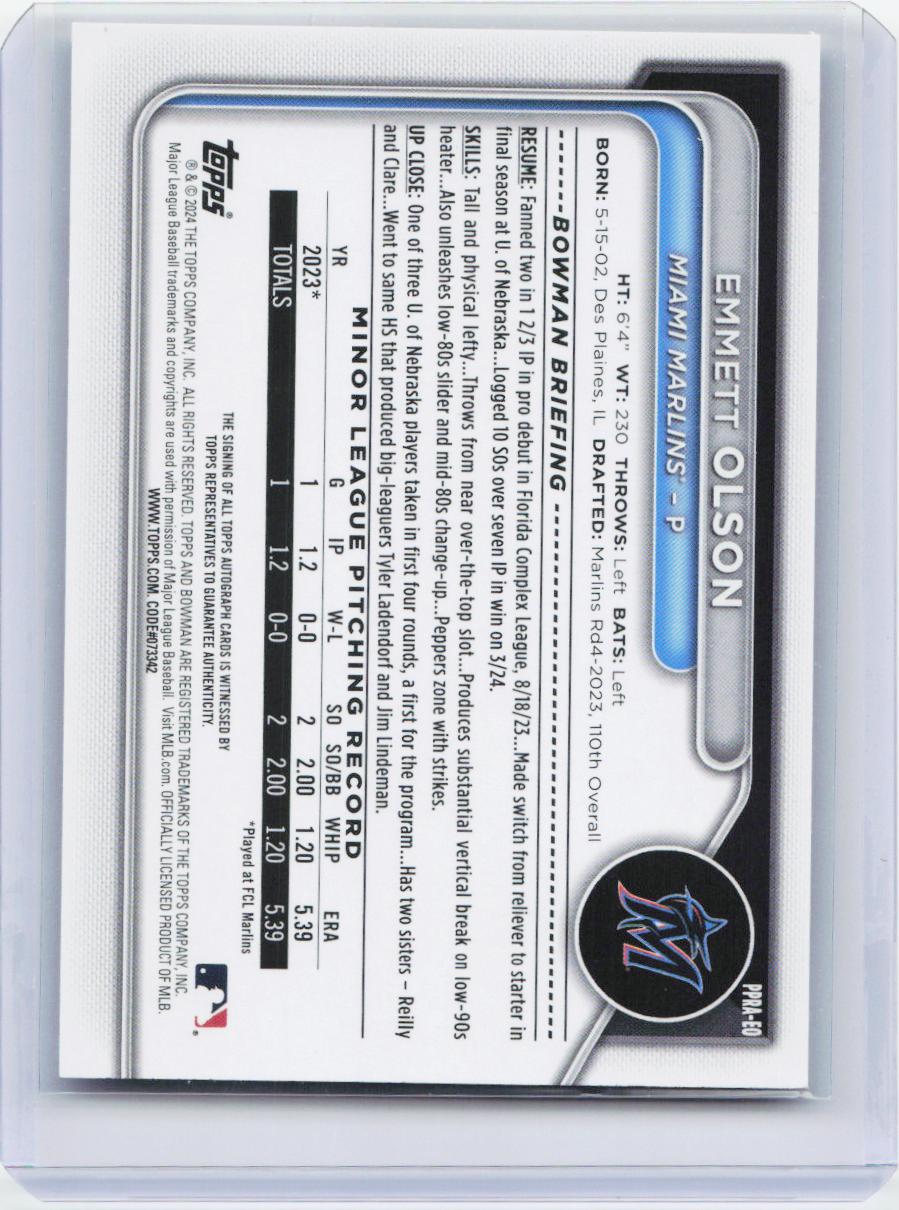 2024 Bowman #PPRA-EO Emmett Olson Prospect Autographs