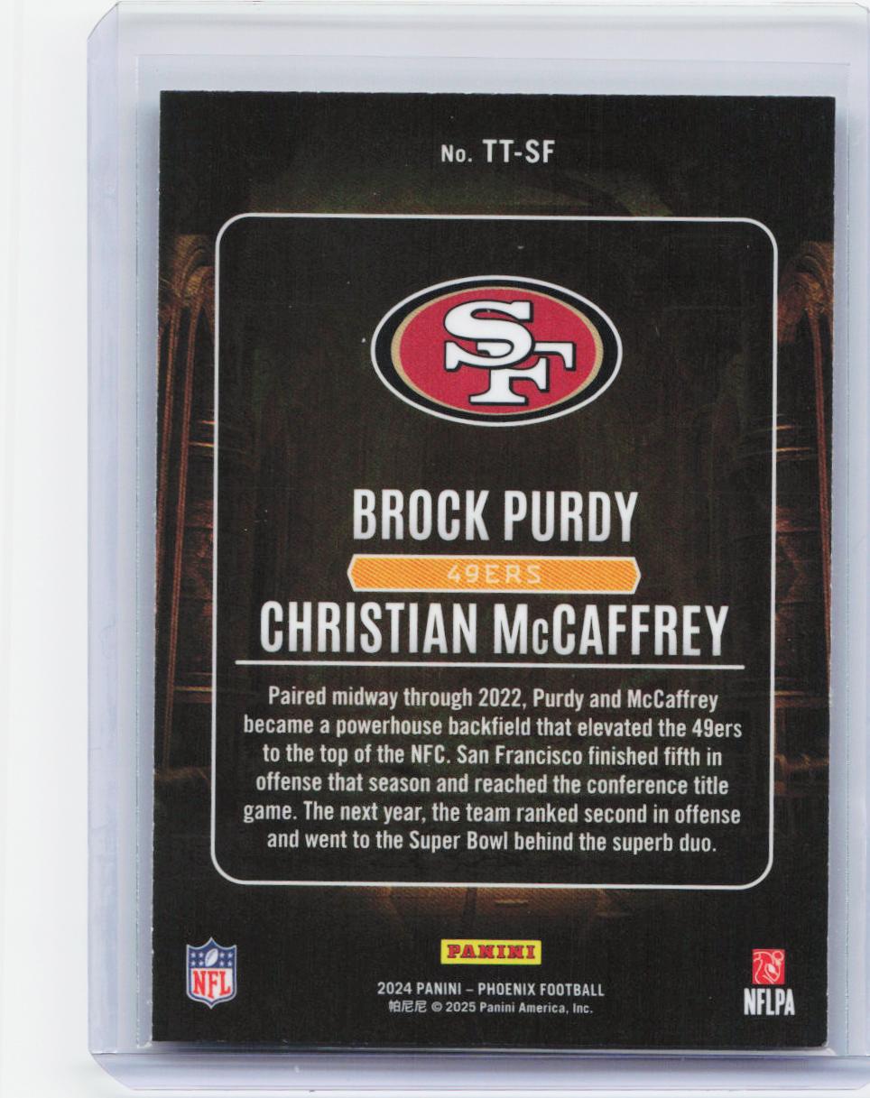 2024 Panini Phoenix #TT-SF Brock Purdy / Christian McCaffrey Treasured Tandems