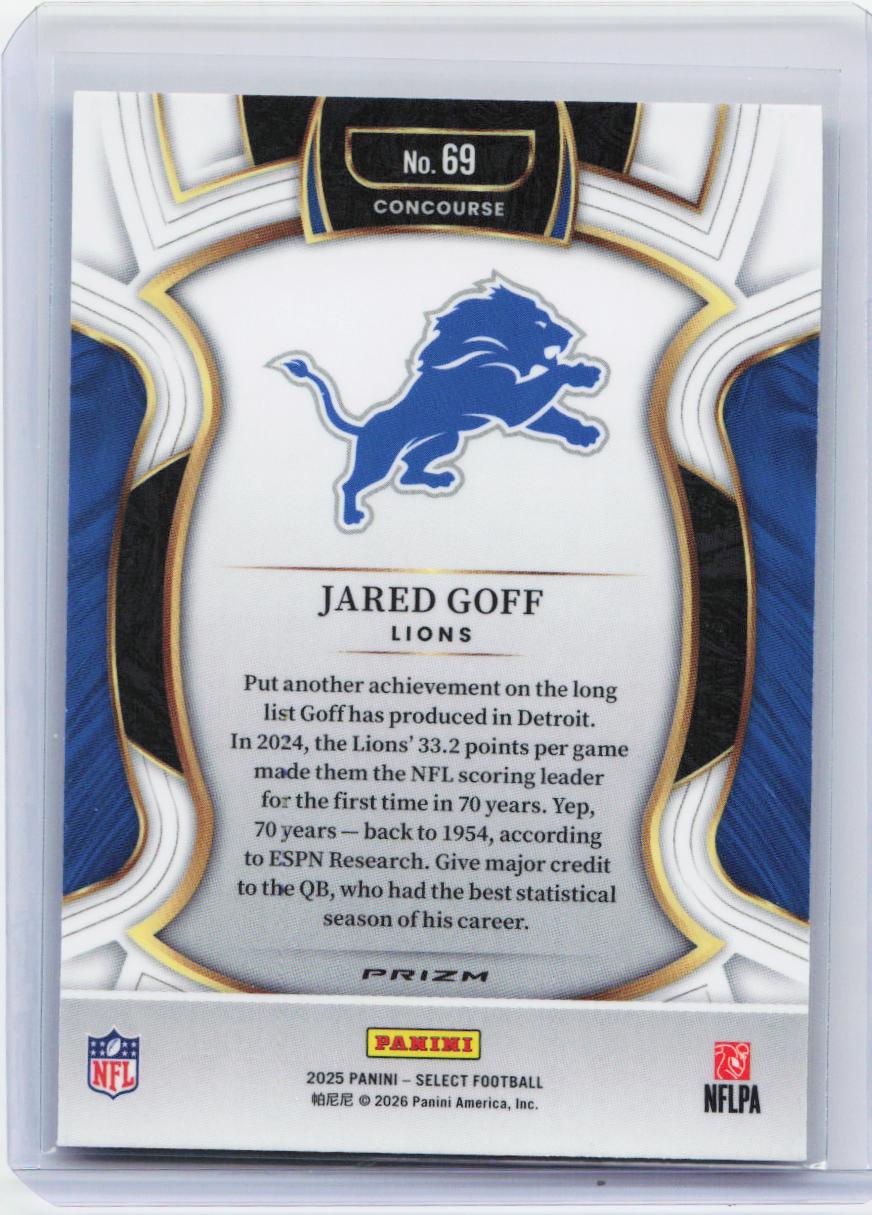 2025 Panini Select #69 Jared Goff Red and Blue Prizm Shock