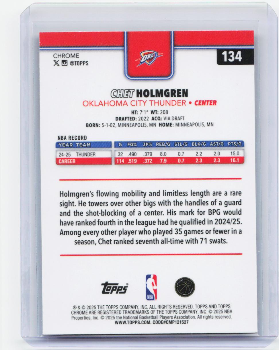 2025-26 Topps Chrome #134 Chet Holmgren Red White and Blue Refractor
