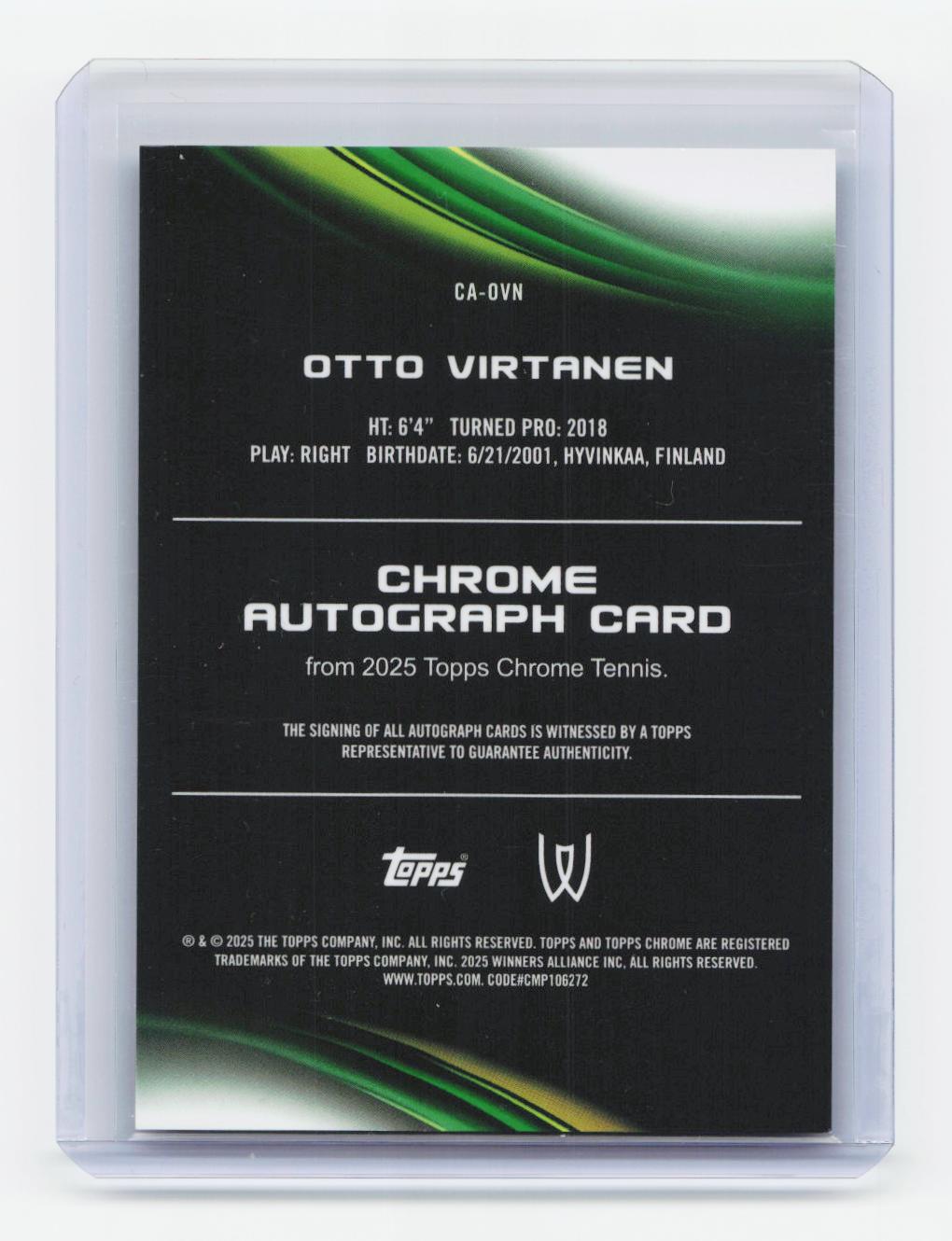 2025 Topps Chrome #CA-OVN Otto Virtanen Chrome Autographs Black Refractor #/10
