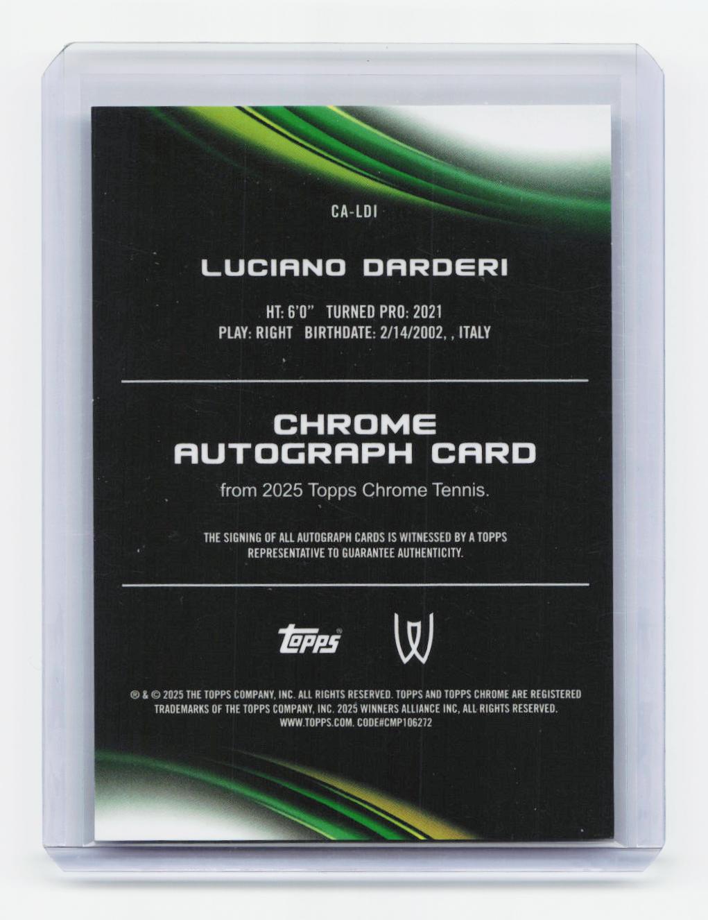 2025 Topps Chrome #CA-LDI Luciano Darderi Chrome Autographs Green Refractor #/99