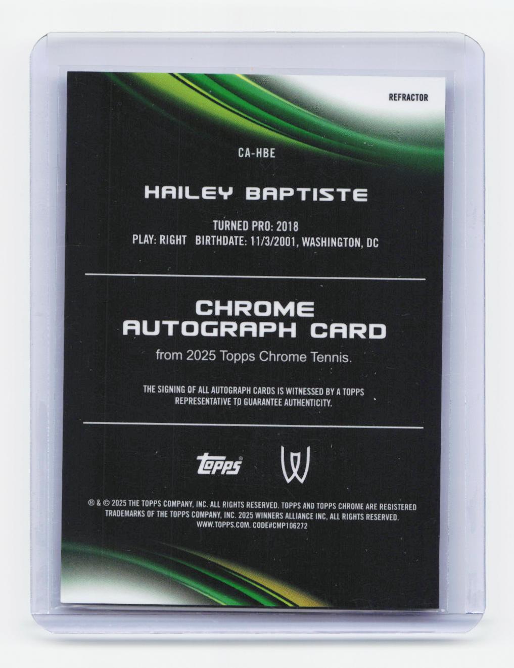 2025 Topps Chrome #CA-HBE Hailey Baptiste Chrome Autographs Refractor