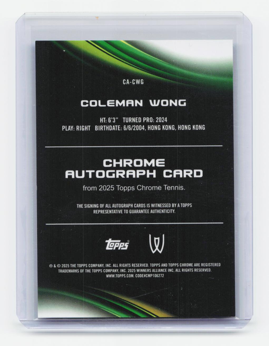 2025 Topps Chrome #CA-CWG Coleman Wong Chrome Autographs Blue Refractor /150