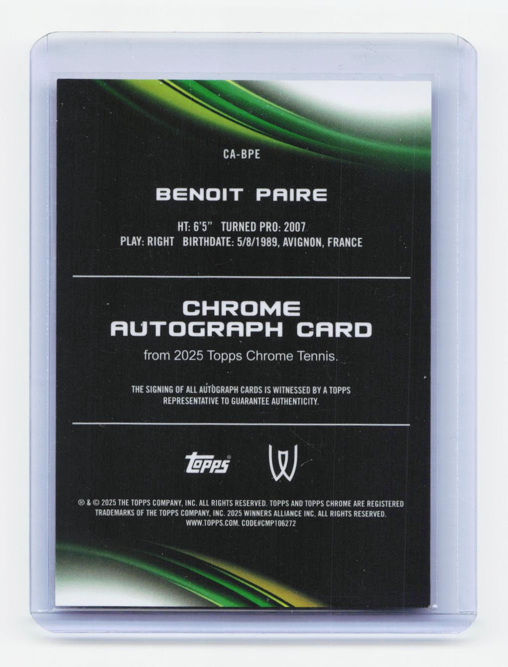 2025 Topps Chrome #CA-BPE Benoit Paire Chrome Autographs Orange Refractor /25