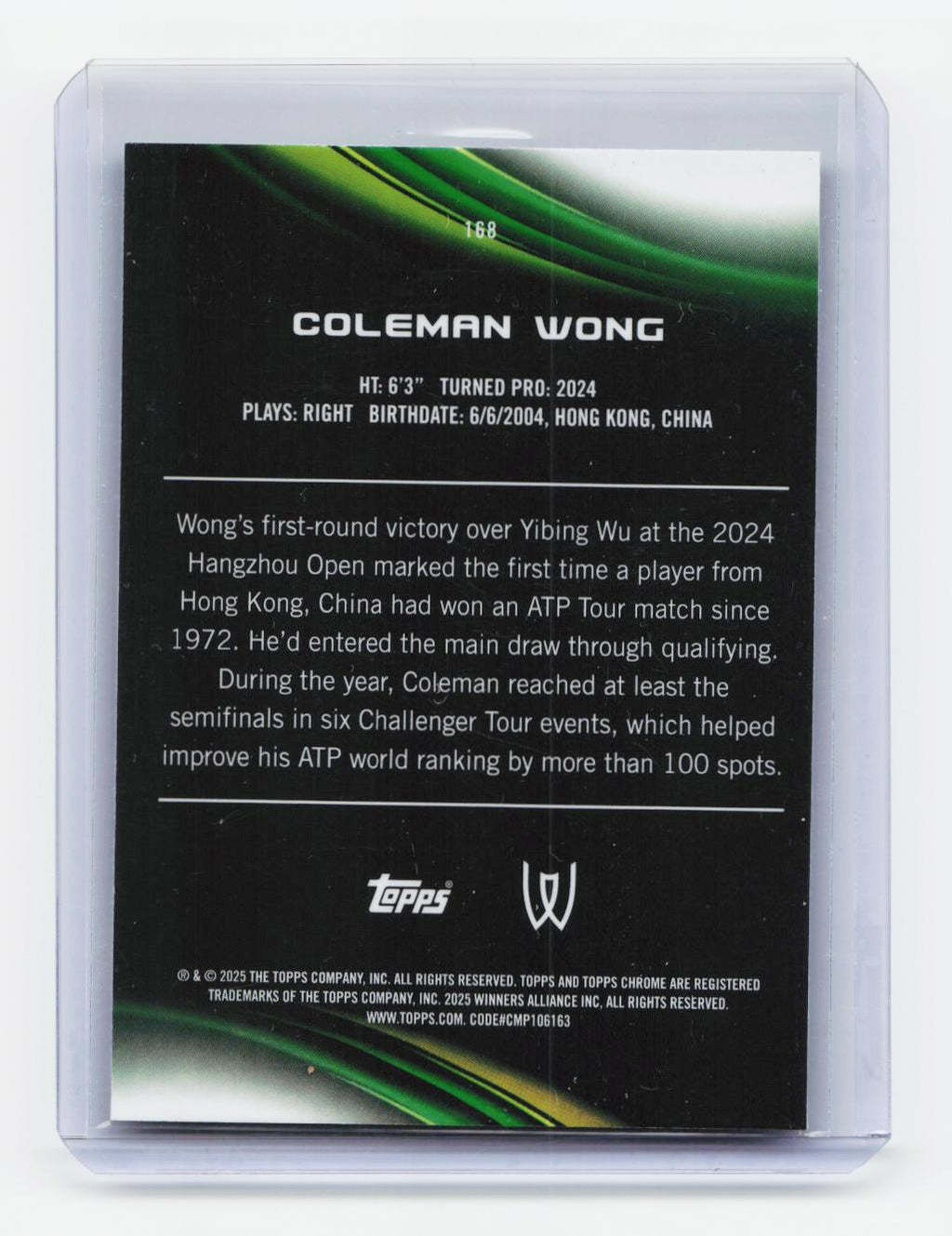 2025 Topps Chrome #168 Coleman Wong Purple/Green Refractor #/125