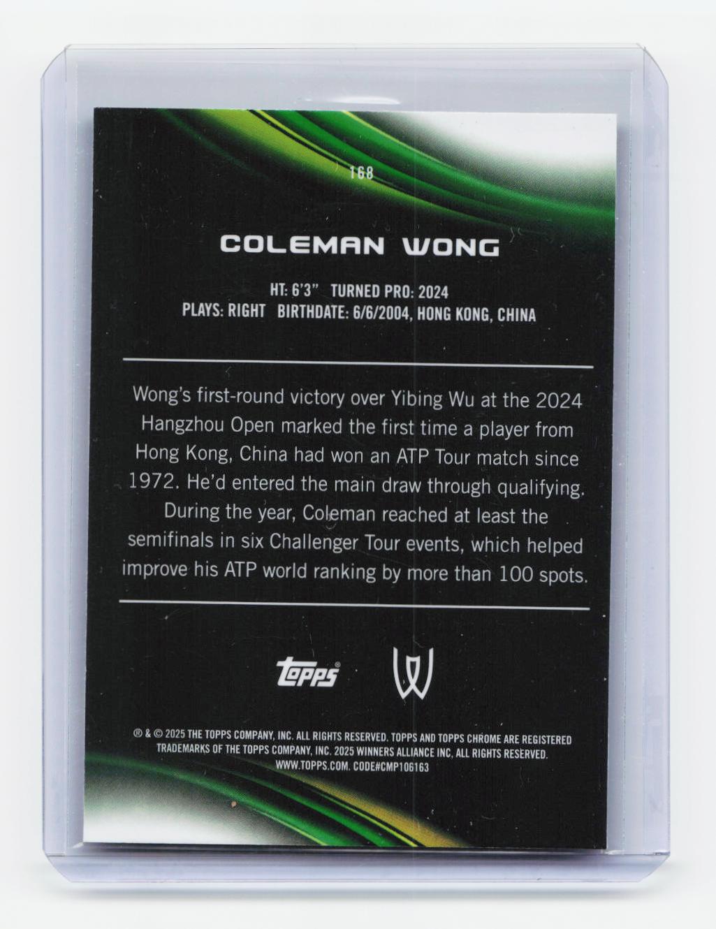 2025 Topps Chrome #168 Coleman Wong Purple/Green Refractor #/125
