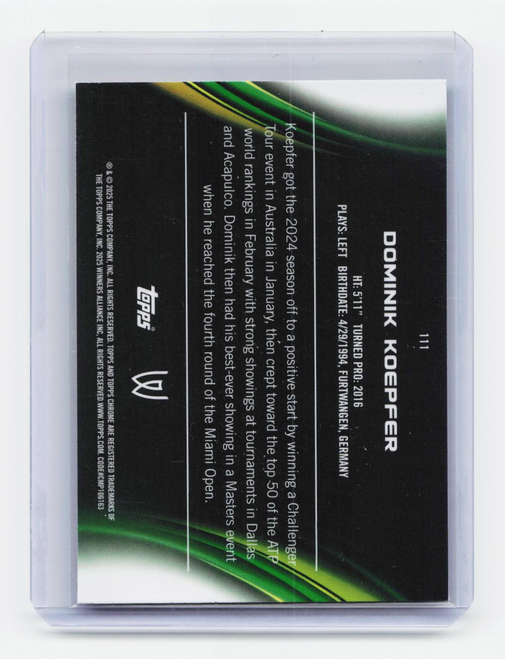 2025 Topps Chrome #111 Dominik Koepfer Purple/Green Refractor #/125
